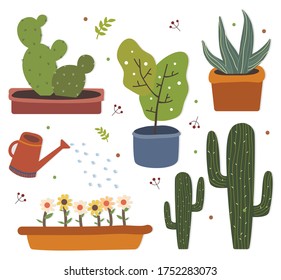 PLANTS COLLECTION OF CUTE GARDEN  SUCCULENT, CACTUS, POT, TREE, WATER POT AND FLOWER