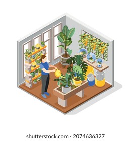 Plants composition with pots seeds and soil isometric vector illustration