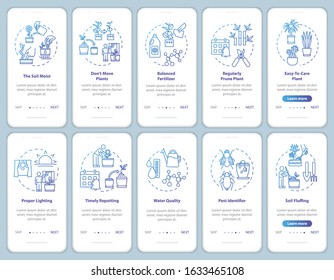 Plants concern onboarding mobile app page screen with concepts. Feeding and watering. Gardening tips walkthrough five steps graphic instructions. UI vector template with RGB color illustrations