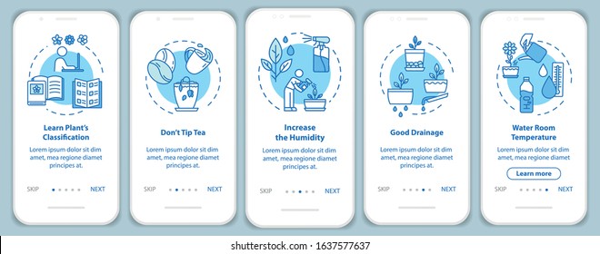 Plants concern onboarding mobile app page screen with concepts. Gardening tips. Herbal cultivation walkthrough five steps graphic instructions. UI vector template with RGB color illustrations