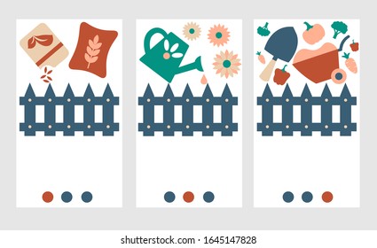 Las plantas se refieren a la pantalla de la página de aplicaciones móviles con conceptos. Alimentación, siembra y riego. Recorrido de consejos de jardinería 
tres pasos de instrucciones gráficas. plantilla vectorial con ilustraciones de color