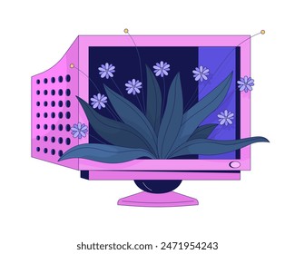 Plants covering computer screen 2D linear illustration concept. Vintage monitor with growing plants cartoon items isolated on white. Lofi vibes metaphor abstract flat vector outline graphic