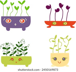 Plants in crates, seedlings in pots, set of growing shoots, cute and funny plant crates with faces, colorful vector illustrations