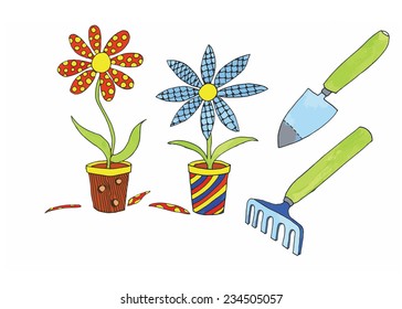 Plants with creative flowers and garden equipment