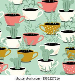Plants in cups, hand drawn overlapping background. Decorative wallpaper, good for printing. Colorful seamless pattern with houseplants. Illustration vector, house plants in pots