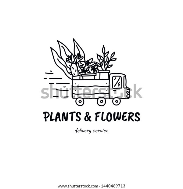 Plants delivery car hand drawn doodle style\
illustration. Can be used for logo, stamp, pin, print etc.\
Monstera, sansevieria and cactus. Stock\
vector