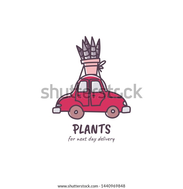 Plants\
delivery car logo. Hand drawn cartoon doodle style illustration.\
Houseplant sansevieria and retro car. Stock\
vector