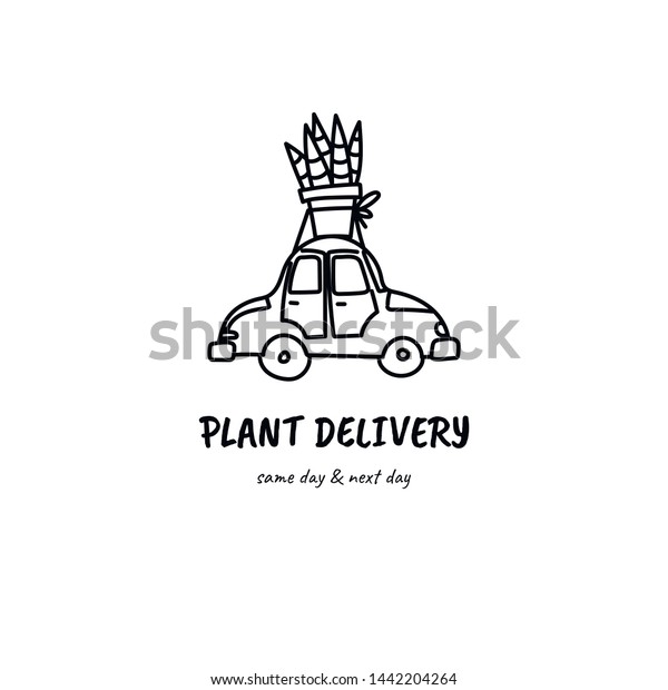 Plants delivery\
car logo. Hand drawn doodle style illustration. Houseplant\
sansevieria and retro car. Stock\
vector