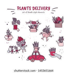 Plants delivery cartoon doodle style hand drawn illustrations set. Sansevieria, cactus, monstera. Stock vector