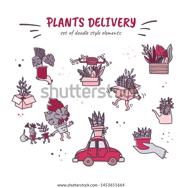 Plants
delivery cartoon doodle style hand drawn illustrations set.
Sansevieria, cactus, monstera. Stock
vector