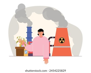 Plants die due to exposure to radioactive chemical fumes, vector illustration.