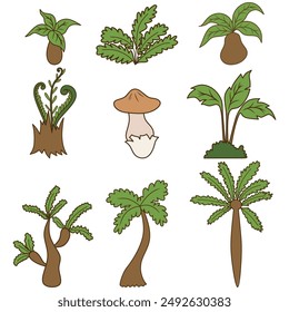 Plants of the dinosaur period. Trees and mushroom on set of illustration vector. 