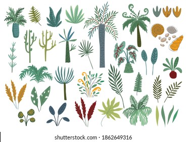 Plantas del período de los dinosaurios. Ilustración vectorial. Hojas, árboles, flores, huellas de dinosaurios, conchas. Gran conjunto.