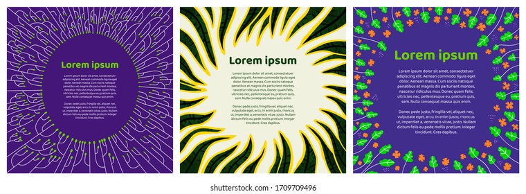 Plants doodle color poster vector template. Set of three cartoon background for text. Web banner, invitation, ad.
