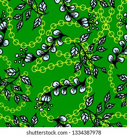 plants drawn on a green background and with golden chains