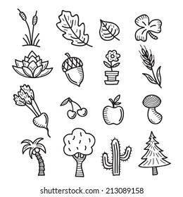 Plants drawn vector doodle icons set isolated on white background