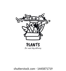 Plants drone delivery concept hand drawn doodle style illustration. Monstera, sansevieria and cactus. Stock vector