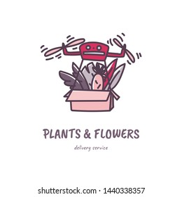 Plants drone robotic delivery concept hand drawn doodle style illustration. Monstera, sansevieria and cactus. Stock vector