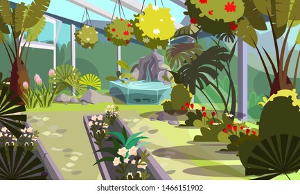 Plantas en una ilustración plana vacía de invernadero. Jardín interior, decoración de jardín. Caricatura de flores exóticas, palmeras tropicales en el dibujo de hothouse. Tecnología de cultivo de árboles y arbustos