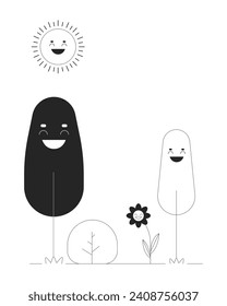 Plants enjoying sunny day black and white cartoon flat illustration. Smiling trees flower under sunshine 2D lineart fairy personages isolated. Sun loving plants monochrome scene vector outline image