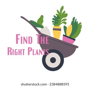 Plants for every season, large selection from succulents to rare exotic bushes. Garden cart or wheelbarrow with flower pots. Promotional banner or advertisement, ads poster. Vector in flat style