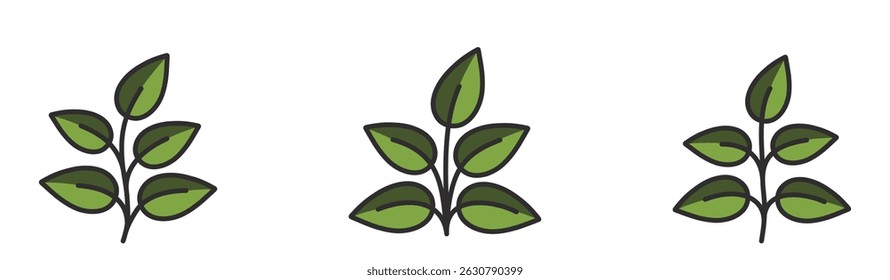 Plants with five leaves in green colors. Nature, spring and planting design elements. Isolated vector images