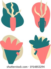 Plants and flower shop vector icons in trendy color. Boho rustic style home decor with vase and wrapping paper. Bouquets with labels.