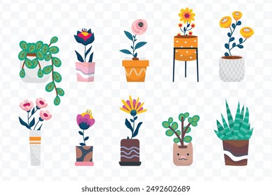 Plants in flowerpot. Houseplants isolated. Trendy hugge style, urban jungle decor. Hand drawn. Set collection.