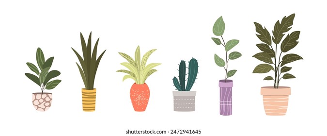 Plants in Flowerpots. Home Decor. A Collection of Various Houseplants. Hand-Drawn Vector Illustrations on White Background. Isolated and Ready for Use.