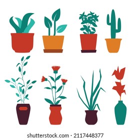 Plants in flowerpots vector potted flowery houseplants for interior decoration with botanic collection floral cactuses in pots and flowers in botanical garden illustration isolated on white background
