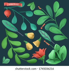 Plants and flowers 3d objects set. Plasticine art vector illustration