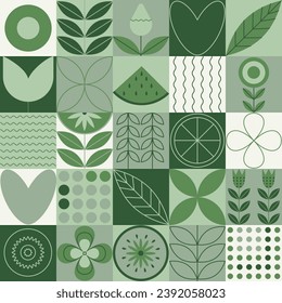 Plants and flowers in Bauhaus style. Geometric natural pattern. Abstract leaf plant simple shape. Natural food background creative simple bauhaus style. Eco agriculture concept. Vector banner