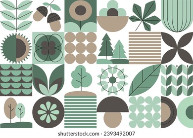 Plants and flowers in Bauhaus style . Minimalistic geometric pattern. Abstract geometric pattern.  Natural organic forest plants Vector illustration