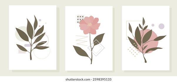 Plants and flowers in the Bauhaus style, patterns with simple geometry