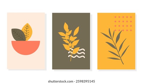 Plants and flowers in the Bauhaus style, patterns with simple geometry