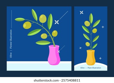 Plants, flowers. Eggplant flat illustration with olive fruit in a vase. Vector illustration set.