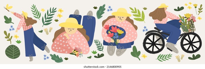 Plants, flowers, girl, spring. Vector character collection with elements of grass, leaves and botanical abstract elements drawn with textural brush

