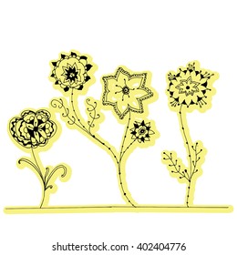 Plants. Flowers. Grass. Line art. Silhouette. Graphic arts. Drawing by hand. Black and white. Sheets. Dry grass. Wild plants. Stylized flowers. Decorative flowers.