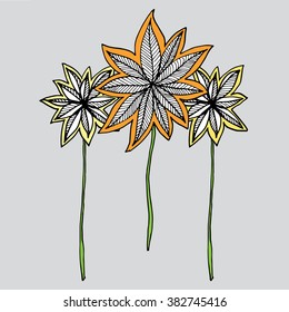 Plants. Flowers. Grass. Set. Line art. Silhouette. Graphic arts. Drawing by hand. Dudling. Black and white. Sheets. Dry grass. Wild plants.