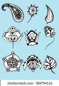 Plants. Flowers. Grass. Set. Line art. Silhouette. Graphic arts. Drawing by hand. Dudling. Black and white. Sheets. Dry grass. Wild plants.