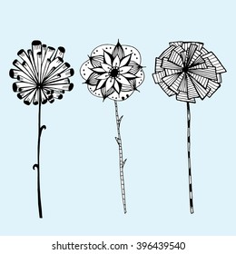 Plants. Flowers. Grass. Set. Line art. Silhouette. Graphic arts. Drawing by hand. Dudling. Black and white. Sheets. Dry grass. Wild plants.