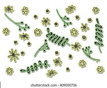 Plants. Flowers. Grass. Set. Line art. Silhouette. Graphic arts. Drawing by hand. Dudling. Black and white. Sheets. Dry grass. Wild plants.