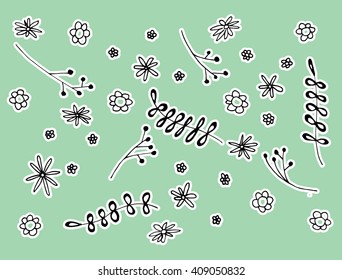 Plants. Flowers. Grass. Set. Line art. Silhouette. Graphic arts. Drawing by hand. Dudling. Black and white. Sheets. Dry grass. Wild plants.