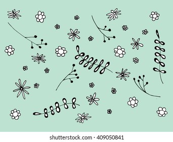 Plants. Flowers. Grass. Set. Line art. Silhouette. Graphic arts. Drawing by hand. Dudling. Black and white. Sheets. Dry grass. Wild plants.