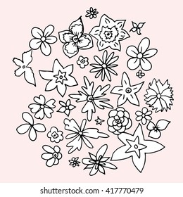 Plants. Flowers. Grass. Set. Line art. Silhouette. Graphic arts. Drawing by hand. Doodling. Black and white. Sheets. Dry grass. Wild plants.