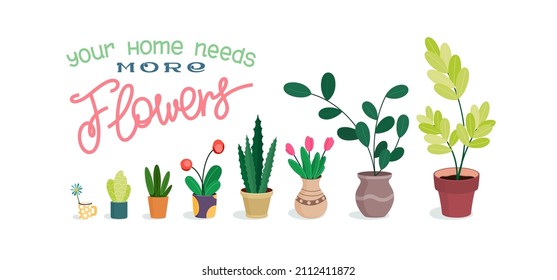 Plantas y flores para el hogar. Conjunto de diferentes macetas de flores y jarrones con plantas. La decoración interior Gráficos sencillos de dibujos animados. Ilustración del vector