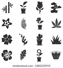 Plants And Flowers Icons. Black Scribble Design. Vector Illustration.