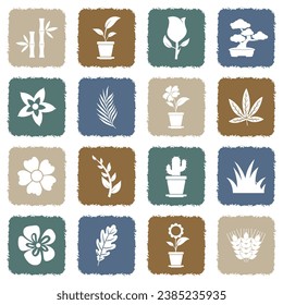 Plants And Flowers Icons. Grunge Color Flat Design. Vector Illustration. 