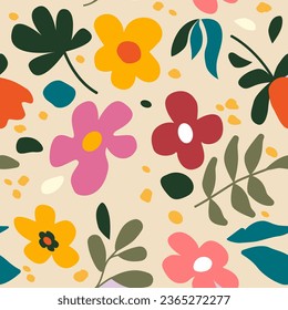 Plants, flowers, leaves, paper collage seamless pattern. Abstract botanical figures in the style of Matisse. Vector modern art background for print, textile, cover, wallpaper.