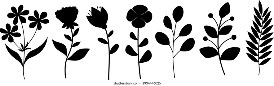 Plants flowers leaves silhouettes vector illustration